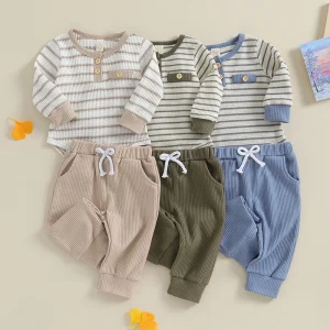 Lioraitiin 0-18M Newborn Baby Boy Girl Fall Winter Clothes Waffle Knit Striped Romper Long Pants Set Home Outfit