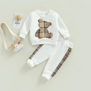 Lioraitiin 0-24M Newborn Baby 2Pcs Outfits Long Sleeve Plaid Bear Pattern Pullover Tops and Pants Set