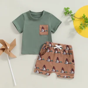 Lioraitiin Toddler Summer Clothes Free Range Duck T Shirt and Shorts 2Pcs Set Casual Farm Outfit