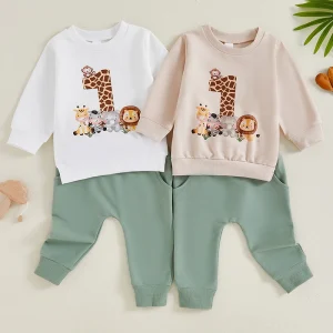 Lioraitiin Baby Boy Outfit Animal Print Long Sleeve Sweatshirt Elastic Waist Pants Set for Fall