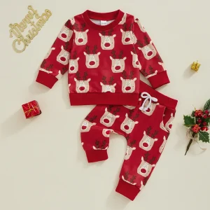 Lioraitiin Baby Christmas Set Cartoon Elk Print Long Sleeve O-Neck Sweatshirt with Elastic Waist Sweatpants Outfit