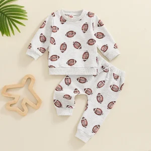 0-3Y Autumn Baby Boys Clothes Sets Football Print Long Sleeve Round Neck Sweatshirt Drawstring Pockets Pants