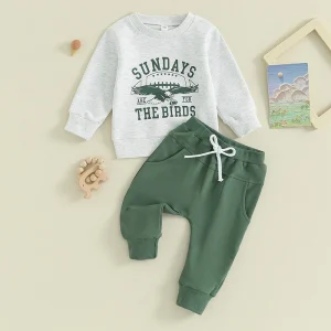 Lioraitiin 0-3Y Toddler Boys Clothes Set Letter Eagle Print Crew Neck Long Sleeve Sweatshirts and Long Pants 2Pcs