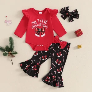 Baby Girls Christmas Outfits Autumn Clothes Bow Print Long Sleeves Romper and Elastic Flared Pants Headband 3 Pieces Set