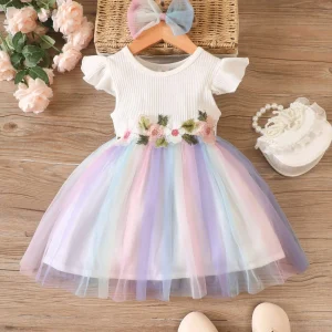 Girl Sweatshirt Dress Toddler Girls Fly Sleeve Floral Embroidery Tulle Ruffles Dress Dance Party Girls Clothes Age 6