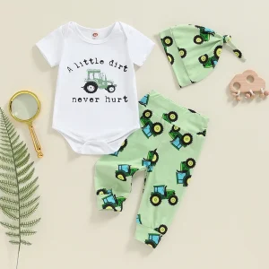 Lioraitiin Newborn Baby Boys Outfits Farm Clothes Short Sleeve Tractor Print Romper + Pants + Hat Set Clothes