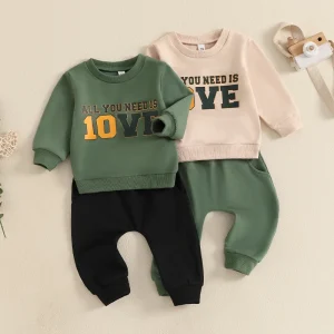 Lioraitiin Baby Boys Pants Set, Long Sleeve Crew Neck Letter Print Sweatshirt with Elastic Waist Pants Infant Clothes