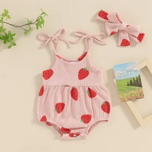 Pudcoco Baby Girl Summer Jumpsuit Strawberry Print Bandage Sleeveless Romper and Headband Set Cute Fashion Clothes Outfits 3-24M