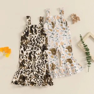 2024-10-16 Lioraitiin Toddler Baby Girl Cowgirl Outfit Cow Overalls Bell Bottom Jumpsuit Suspender Romper Pants Western Clothes