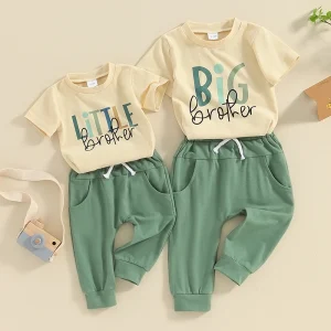 Lioraitiin Summer Baby Boys Brother Outfit Letter Print Short Sleeve T-Shirt and Elastic Pants Clothes Set