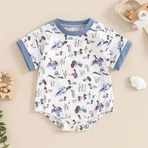 Lioraitiin 0-18M Summer Romper Short Sleeve Crew Neck Duck Print Jumpsuit Clothes Casual Daily