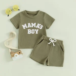Lioraitiin Summer Baby Boy Clothes Letter Embroidery Short Sleeve T-Shirt Shorts Set 2Pcs Waffle Knit Outfit