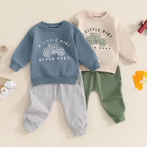 Lioraitiin Baby Boy Fall Outfits Long Sleeve Tractor Letter Print Tops + Pants Set Toddler Winter Warm Clothes