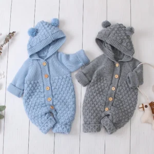 Autumn Winter Newborn Sweater Baby Boy Girl Clothes Romper Bear Ear Knit Hooded Jumpsuit Outfit Clothing