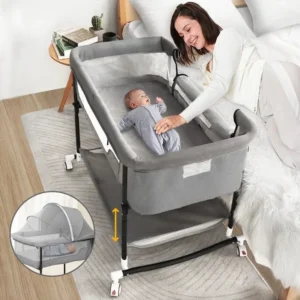 Baby Bassinet, 4 in 1 Adjustable Infant Bedside Crib Beds with Changing Table,Storage Basket, Wheel,Mosquito Net,for 0-24 Months