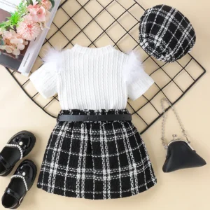 Pudcoco Infant Baby Girl 3Pcs Summer Outfits Short Sleeve Fur Shoulder Tops + Plaid Skirt + Hat Set Toddler Clothes 6M-4T