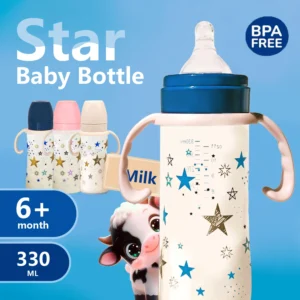 330ml large-capacity baby feeding bottle star PP bottle wide diameter anti-fall lightweight ergonomic handle design 6-36 months