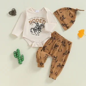 Lioraitiin Baby Boys 3PCS Outfit Sets Long Sleeve Letter Print Romper Horse Print Pants Hat Sets