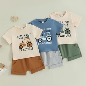 Lioraitiin Toddler Boy Summer Outfits Tractor Letter Print Round Neck Short Sleeve Tops with Solid Shorts Outfit