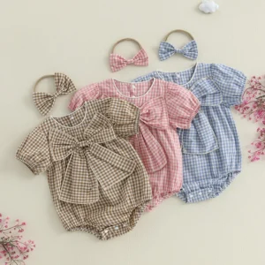 2025-01-02 Lioraitiin Baby Girls Summer Sweet Romper Short Sleeve Round Neck Plaid Romper with Headband