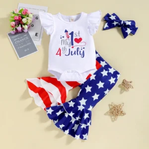Infant Girls Fly Sleeve Independence Day 4 Of July Letter Printed Romper Bodysuits Flare Bell Bottomed Pants Headbands