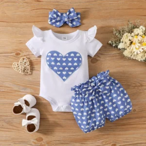 Infant Girl Set Infant Girls Short Sleeve Romper Bodysuit Heart Shaped Prints Shorts Outfits Crib Set