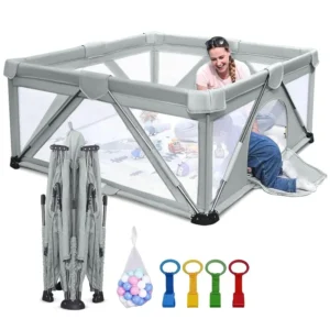 Foldable Play Yard, Large Playpen for Babies & Toddlers with Gate, Indoor & Outdoor Portable Play Pen (Cold Grey, 71x71i